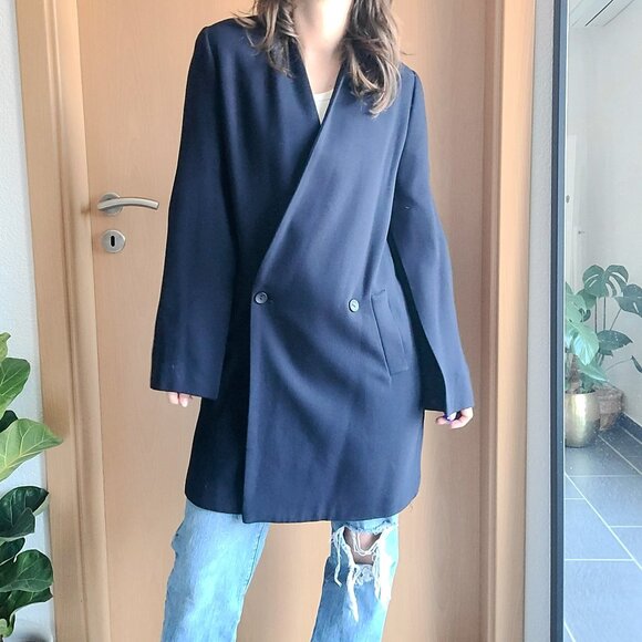 Zara Basic Outerwear Navy Blue Wool Longline Double Breasted Blazer Coat Size XS - Picture 7 of 15